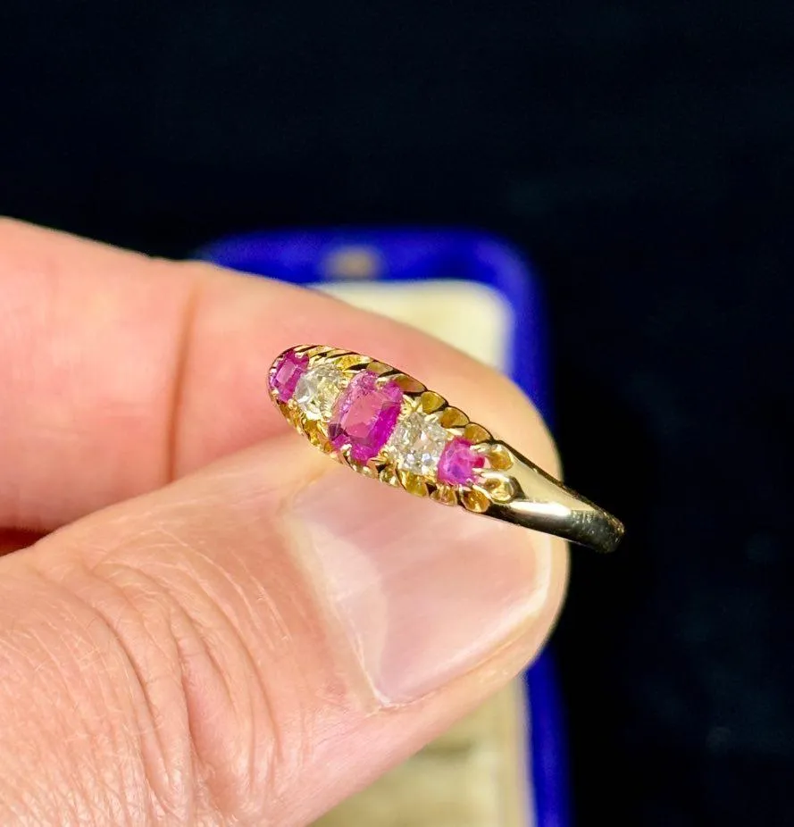 Antique Victorian Half Hoop Ring with Pink Sapphires and Diamonds