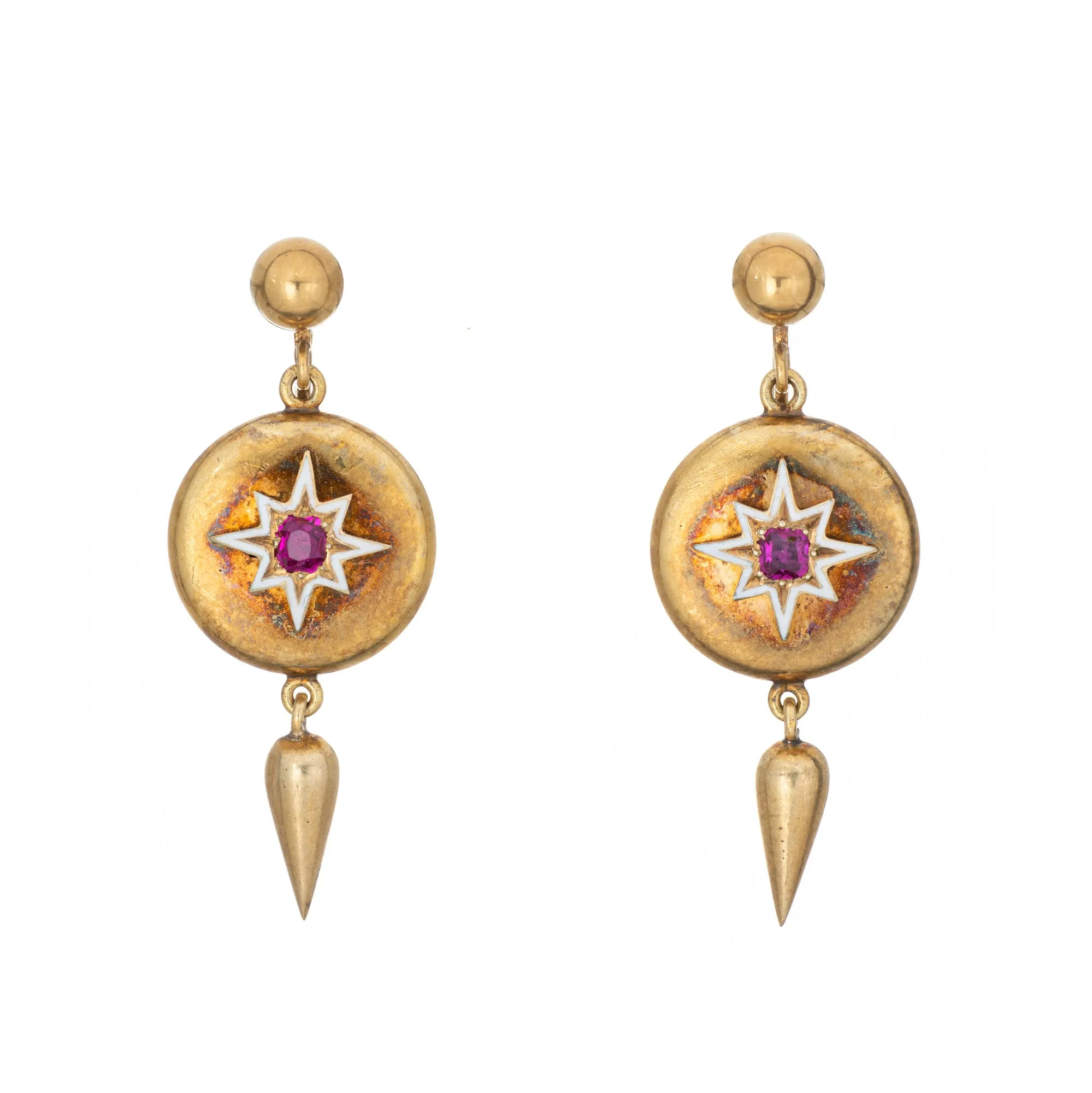 Antique Victorian Ruby Locket Earrings Star Enamel 14k Yellow Gold 1.5" Drops