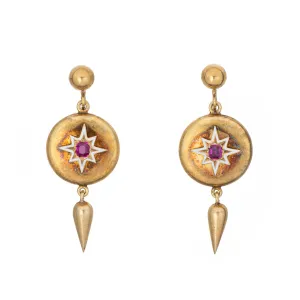 Antique Victorian Ruby Locket Earrings Star Enamel 14k Yellow Gold 1.5" Drops