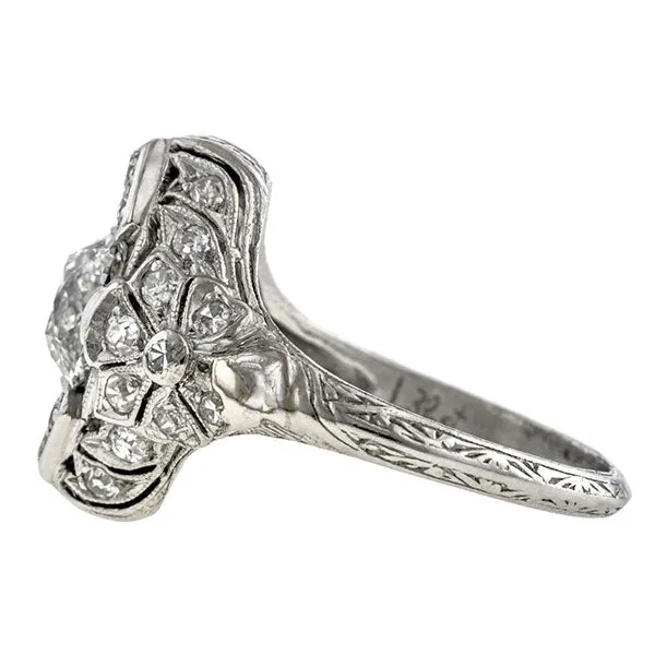 Art Deco Diamond Navette Ring, Cushion 1.32ct