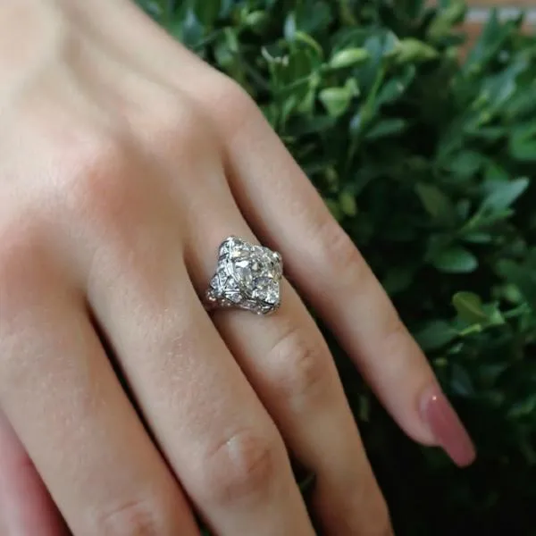 Art Deco Diamond Navette Ring, Cushion 1.32ct