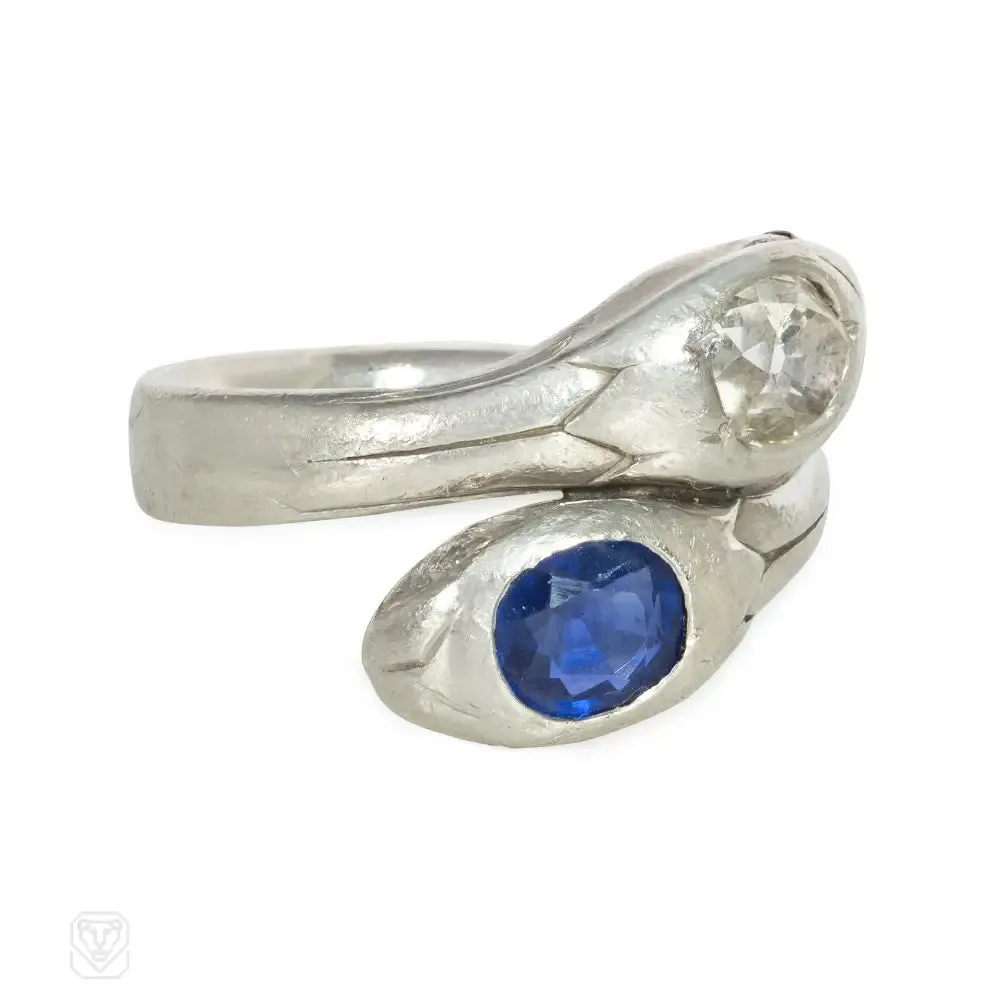 Art Deco diamond, sapphire, and platinum snake ring