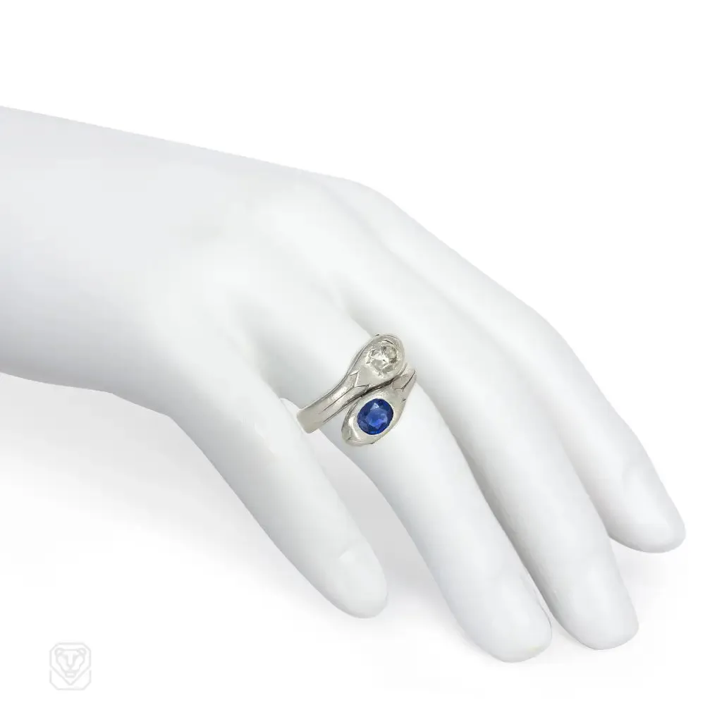 Art Deco diamond, sapphire, and platinum snake ring