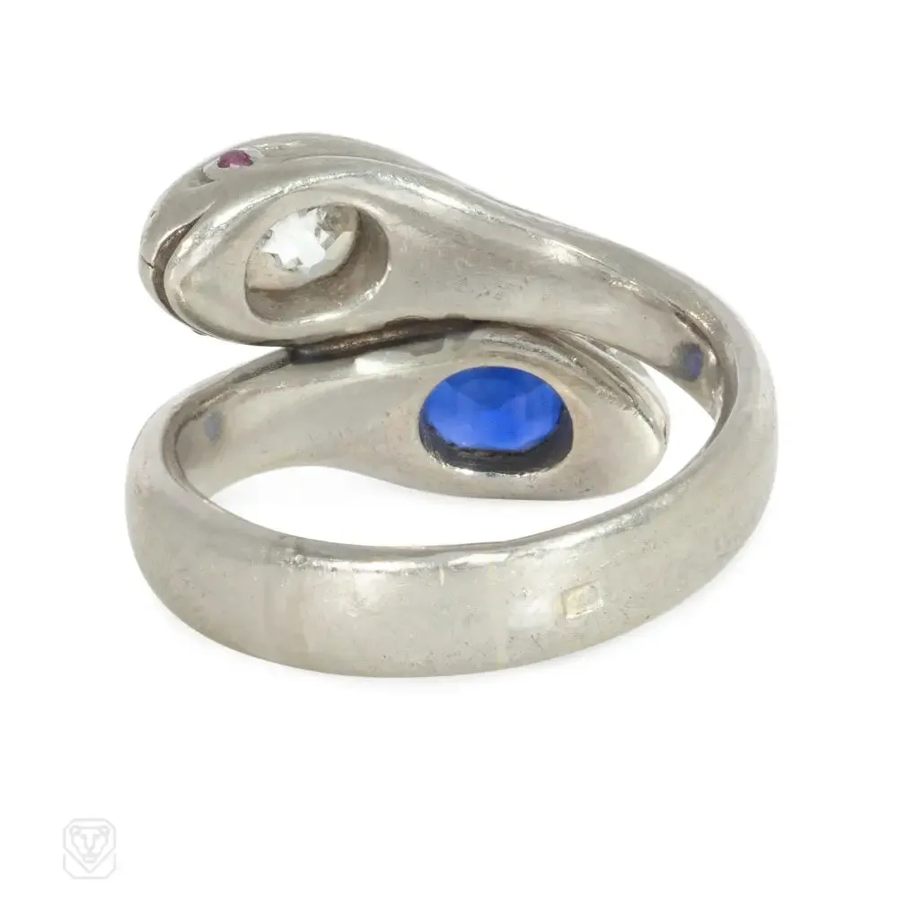 Art Deco diamond, sapphire, and platinum snake ring