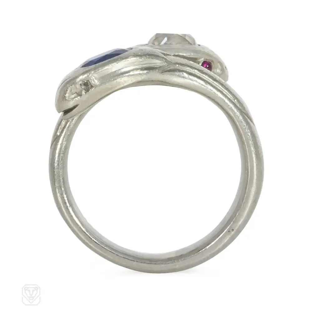 Art Deco diamond, sapphire, and platinum snake ring