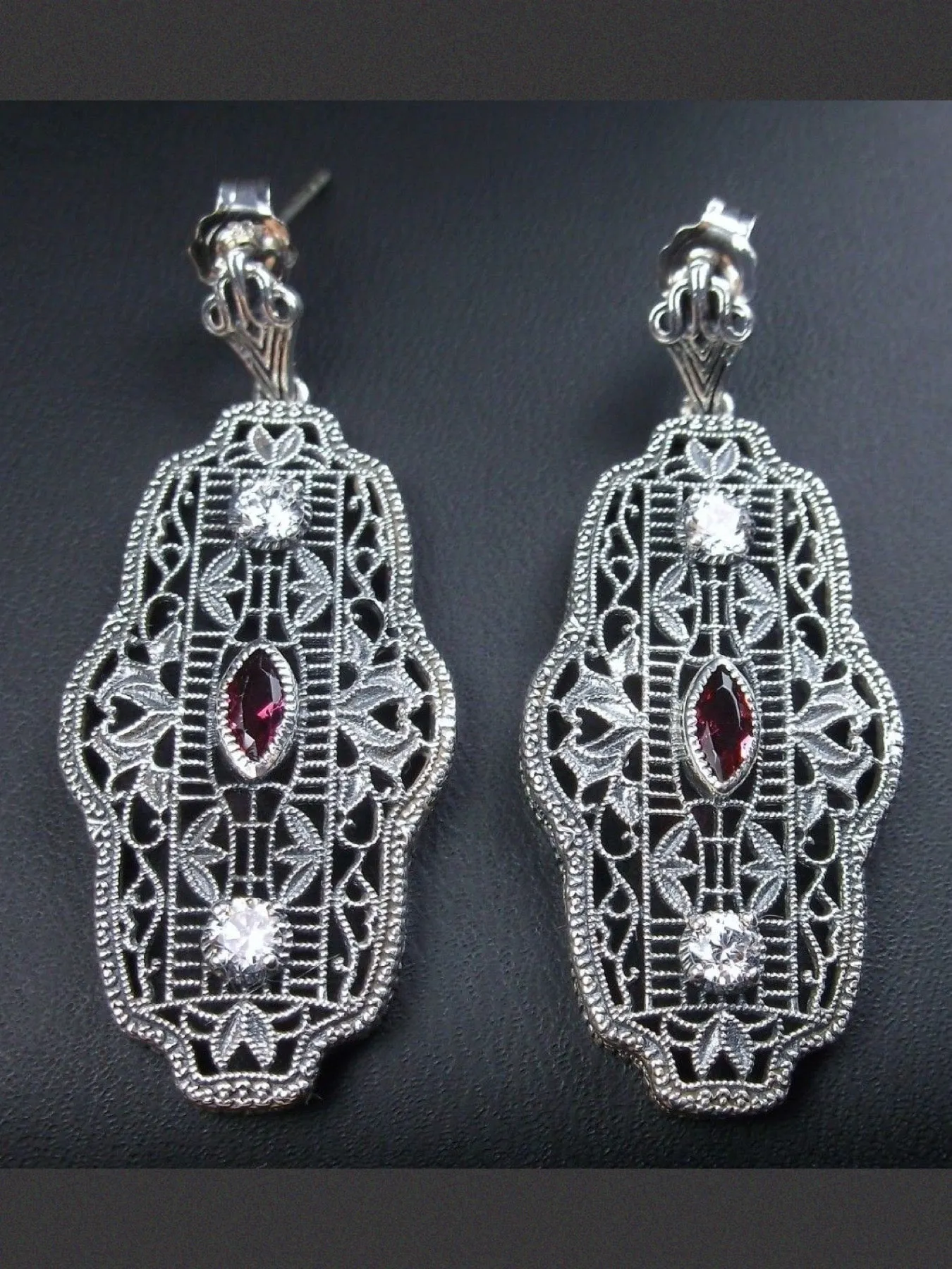 Art Deco Earrings, Ruby & White Cubic Zirconia Vintage Reproduction Jewelry #E61