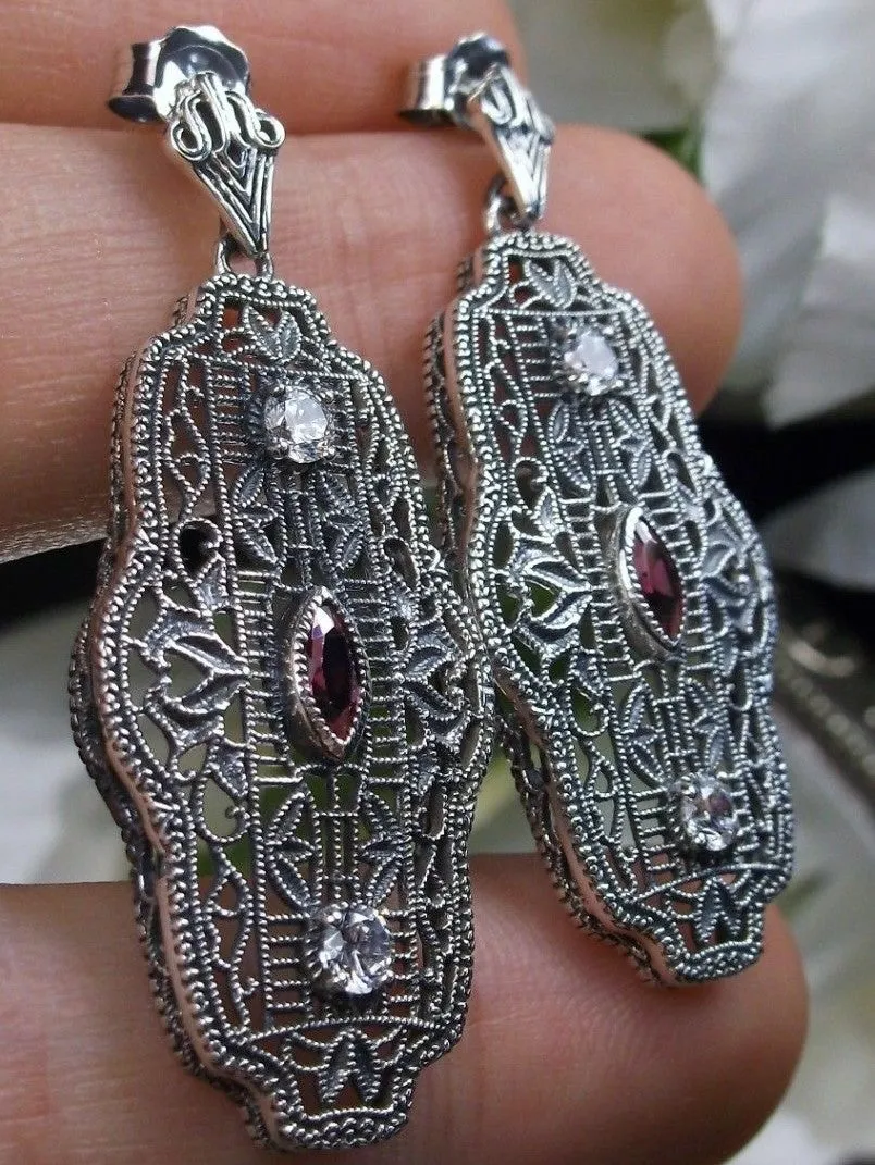 Art Deco Earrings, Ruby & White Cubic Zirconia Vintage Reproduction Jewelry #E61