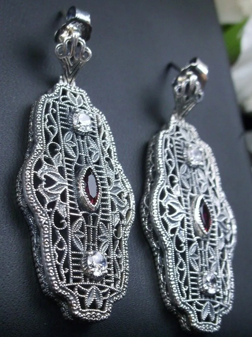 Art Deco Earrings, Ruby & White Cubic Zirconia Vintage Reproduction Jewelry #E61
