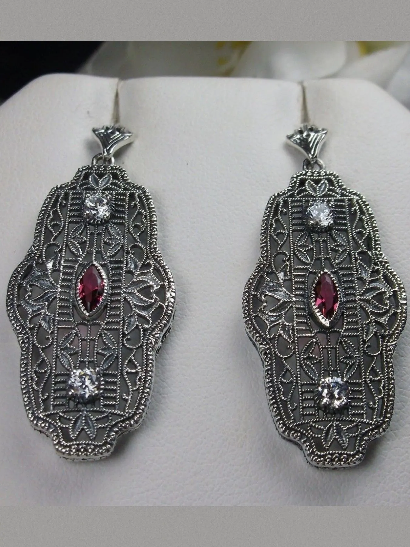 Art Deco Earrings, Ruby & White Cubic Zirconia Vintage Reproduction Jewelry #E61