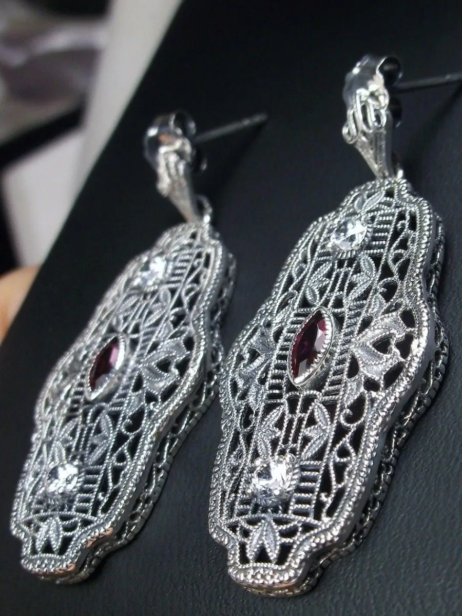 Art Deco Earrings, Ruby & White Cubic Zirconia Vintage Reproduction Jewelry #E61