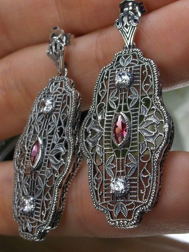 Art Deco Earrings, Ruby & White Cubic Zirconia Vintage Reproduction Jewelry #E61