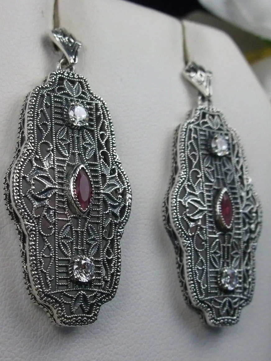 Art Deco Earrings, Ruby & White Cubic Zirconia Vintage Reproduction Jewelry #E61