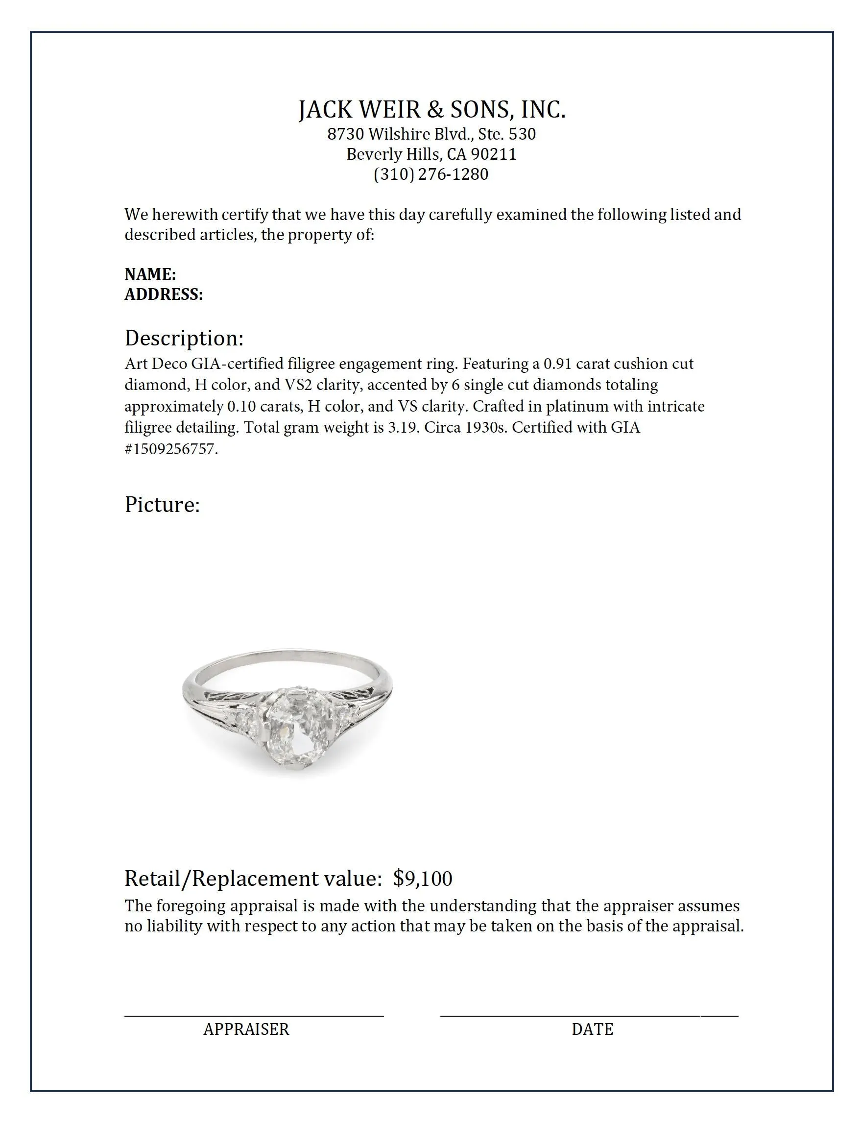 Art Deco GIA .91 carat cushion cut diamond platinum engagement filigree ring