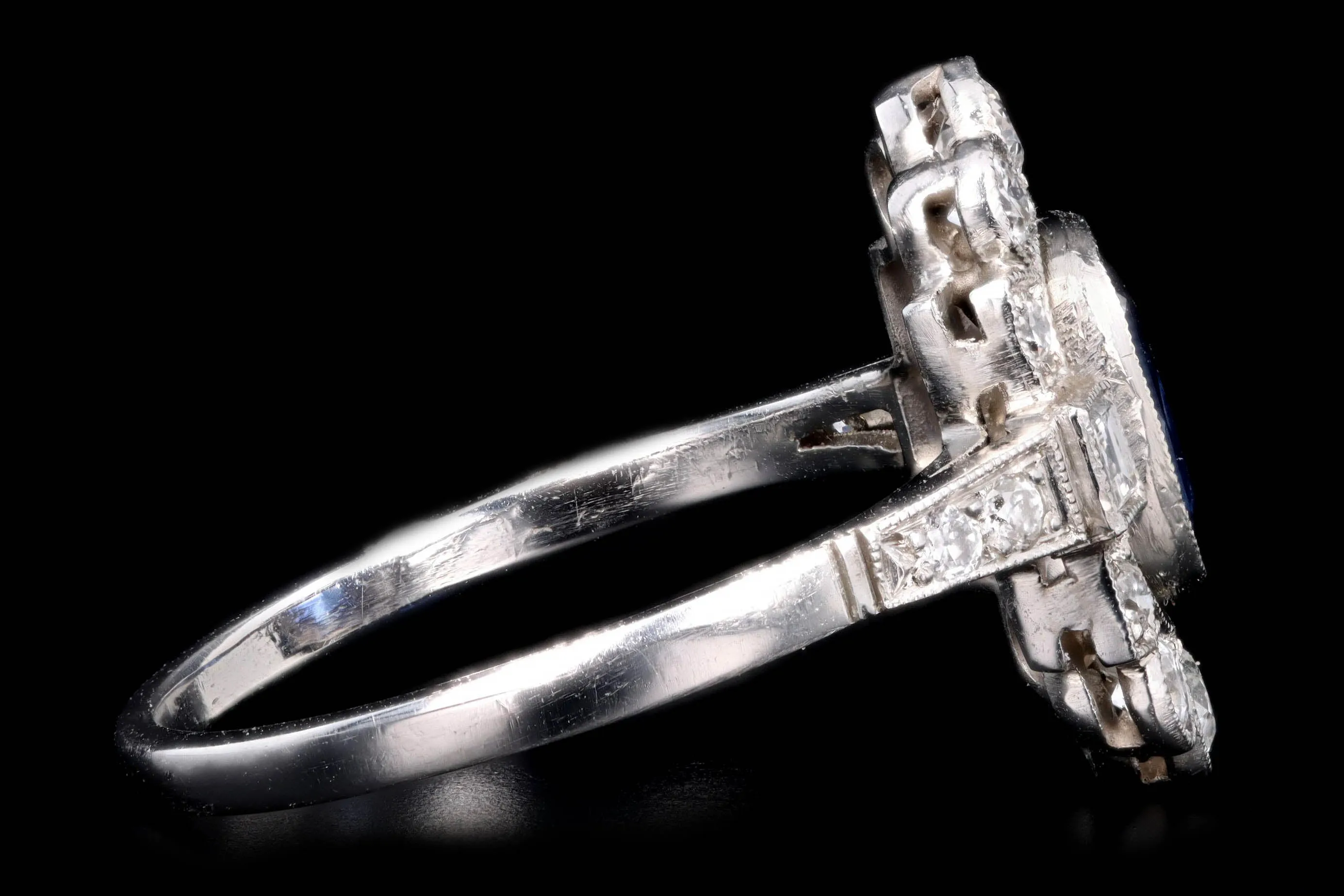 Art Deco Inspired Platinum 1.16 Carat Cushion Cut Natural Sapphire & Diamond Graduated Halo Ring
