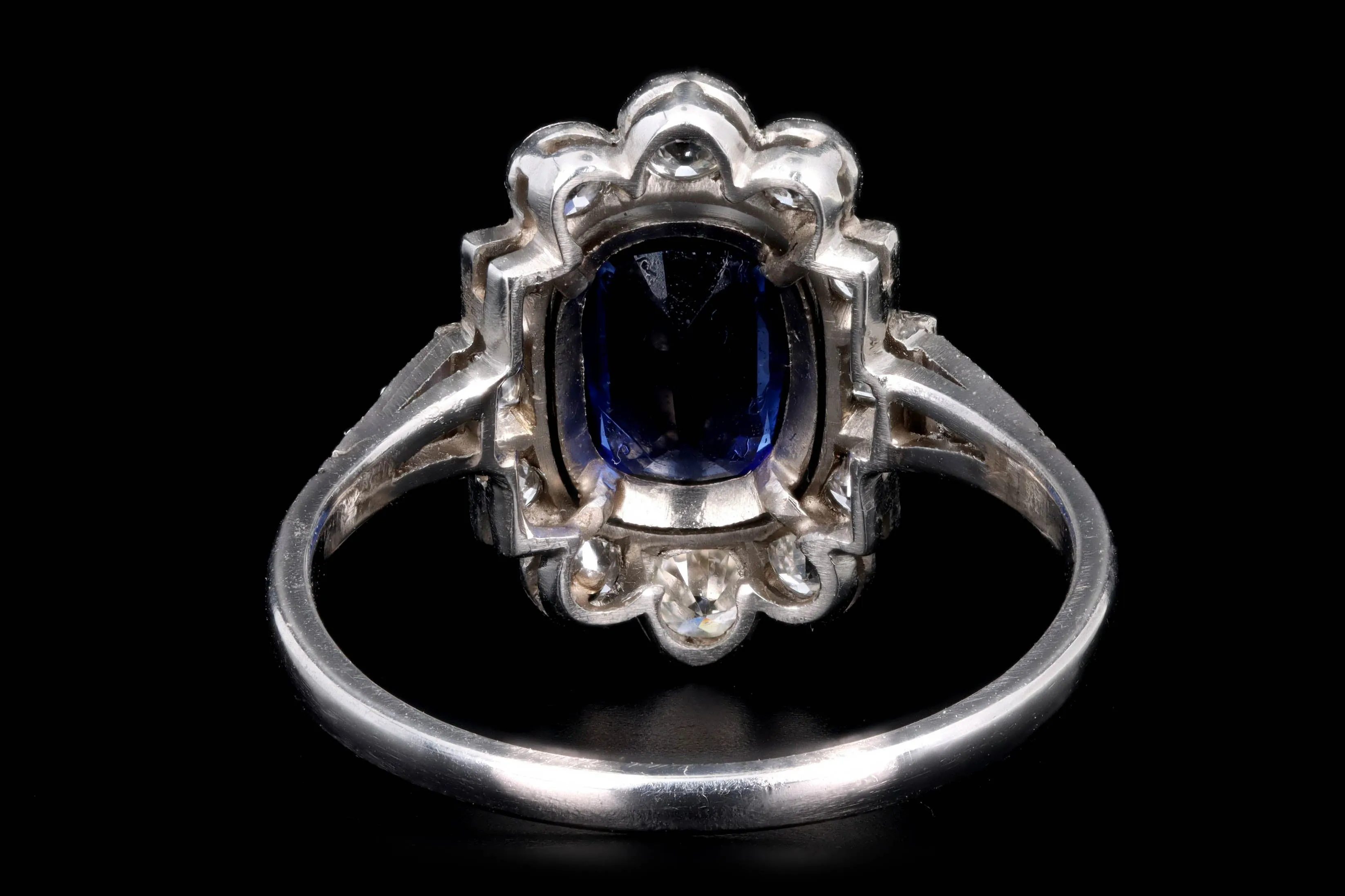 Art Deco Inspired Platinum 1.16 Carat Cushion Cut Natural Sapphire & Diamond Graduated Halo Ring