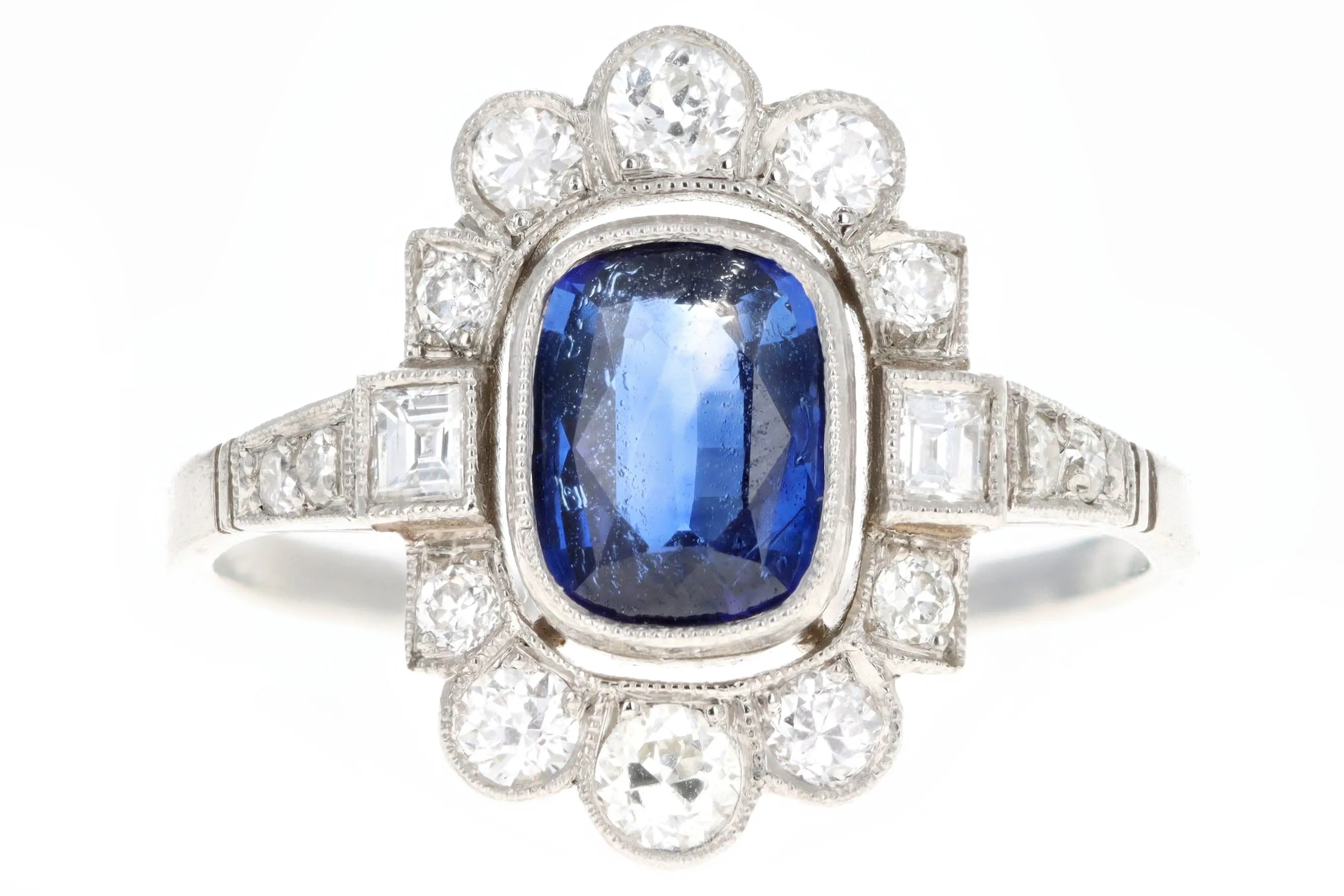 Art Deco Inspired Platinum 1.16 Carat Cushion Cut Natural Sapphire & Diamond Graduated Halo Ring