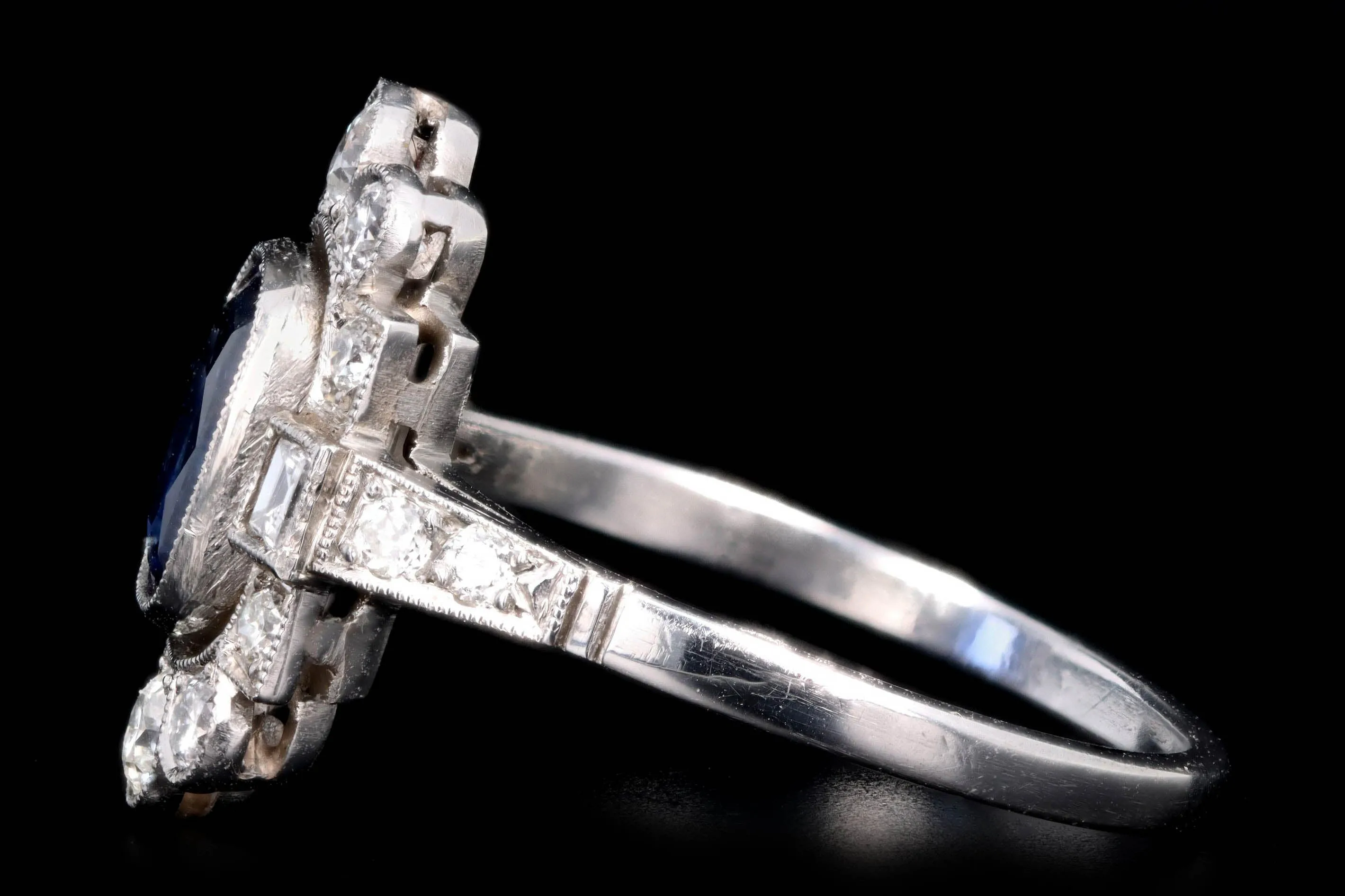 Art Deco Inspired Platinum 1.16 Carat Cushion Cut Natural Sapphire & Diamond Graduated Halo Ring
