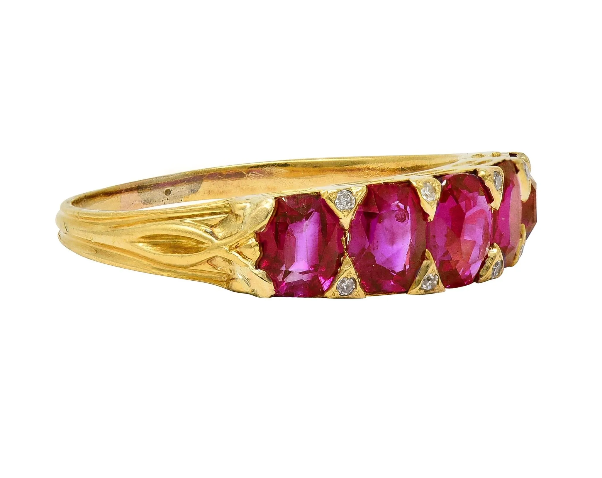 Art Nouveau 1.67 CTW Ruby Diamond 18 Karat Yellow Gold Foliate Five Stone Antique Band Ring