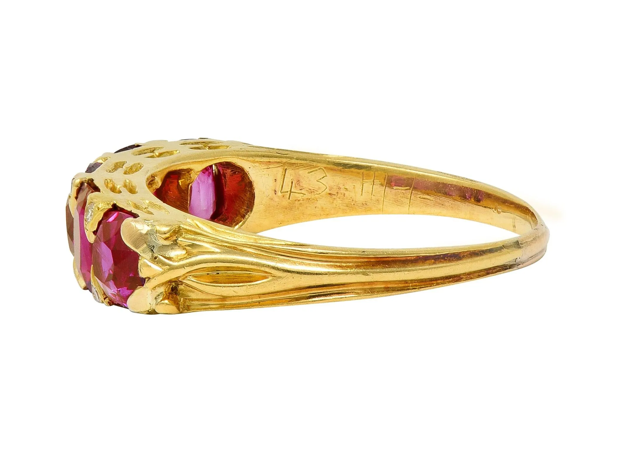 Art Nouveau 1.67 CTW Ruby Diamond 18 Karat Yellow Gold Foliate Five Stone Antique Band Ring