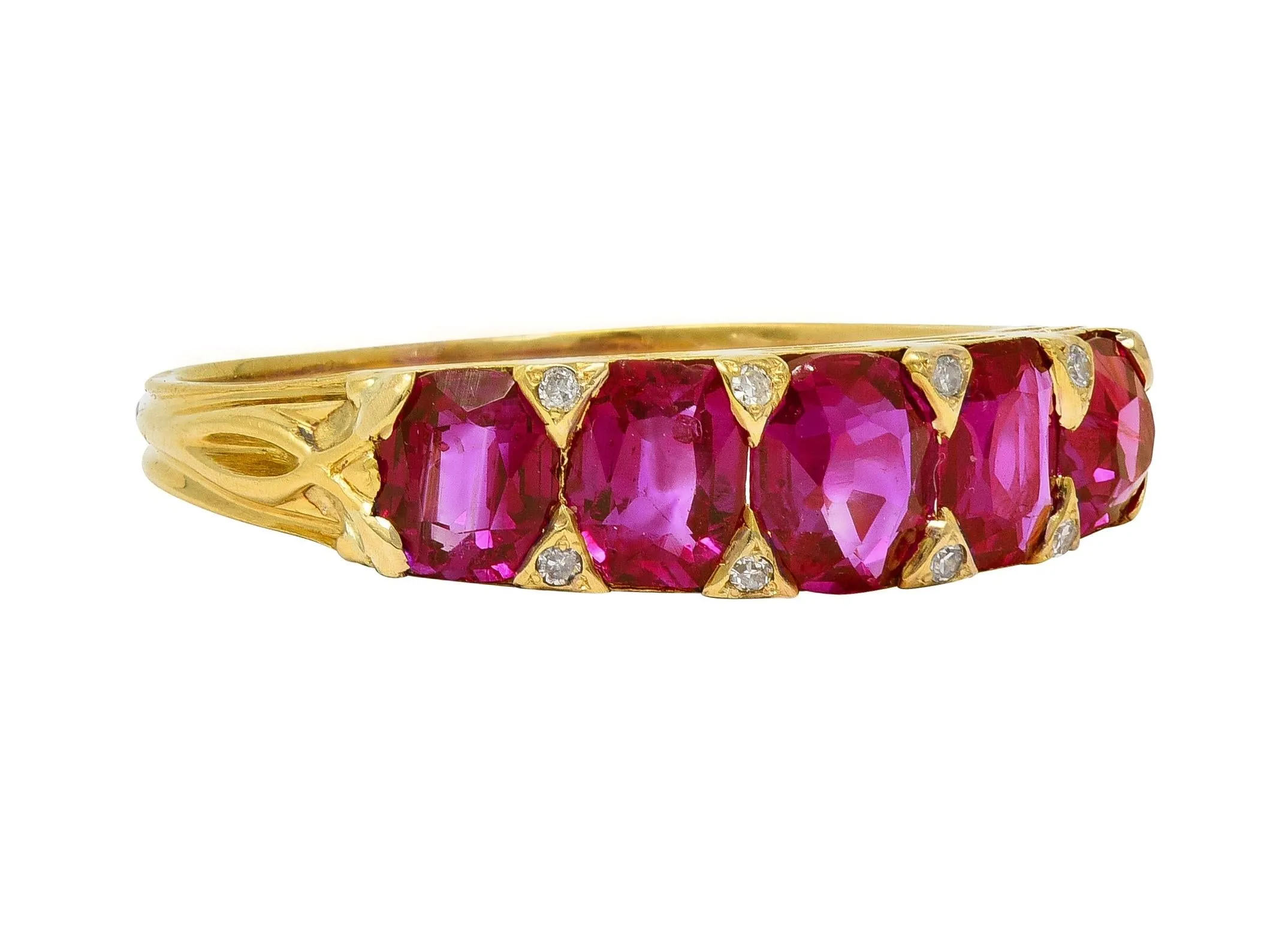 Art Nouveau 1.67 CTW Ruby Diamond 18 Karat Yellow Gold Foliate Five Stone Antique Band Ring