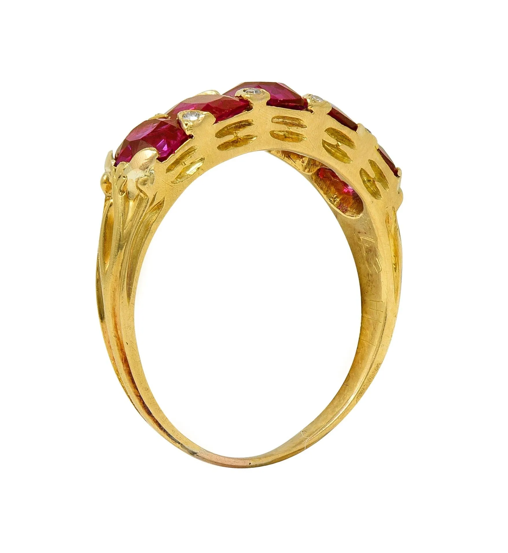 Art Nouveau 1.67 CTW Ruby Diamond 18 Karat Yellow Gold Foliate Five Stone Antique Band Ring