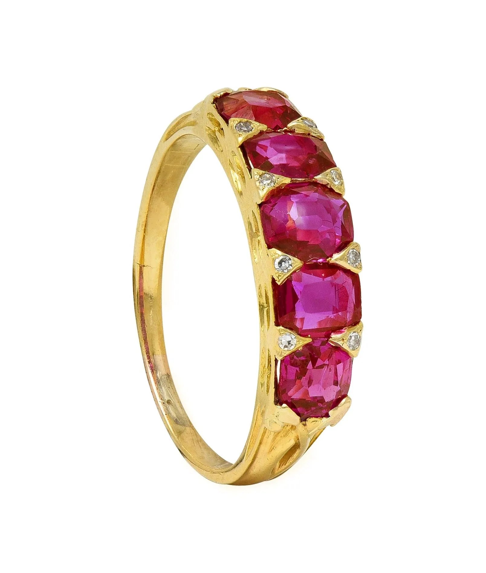 Art Nouveau 1.67 CTW Ruby Diamond 18 Karat Yellow Gold Foliate Five Stone Antique Band Ring