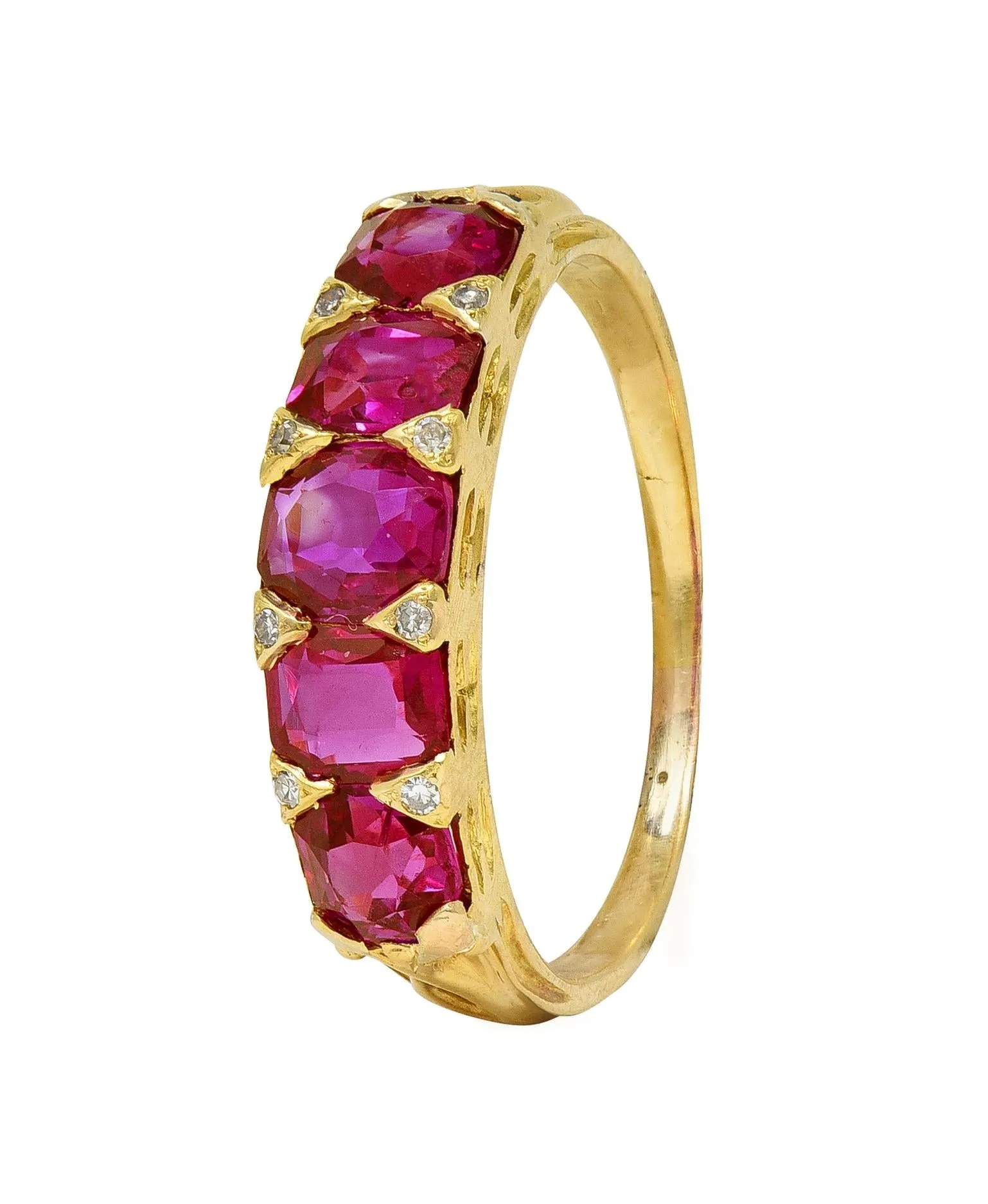 Art Nouveau 1.67 CTW Ruby Diamond 18 Karat Yellow Gold Foliate Five Stone Antique Band Ring