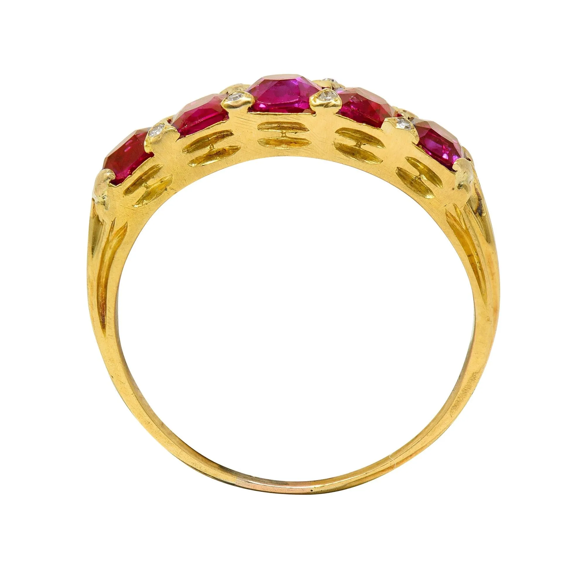 Art Nouveau 1.67 CTW Ruby Diamond 18 Karat Yellow Gold Foliate Five Stone Antique Band Ring