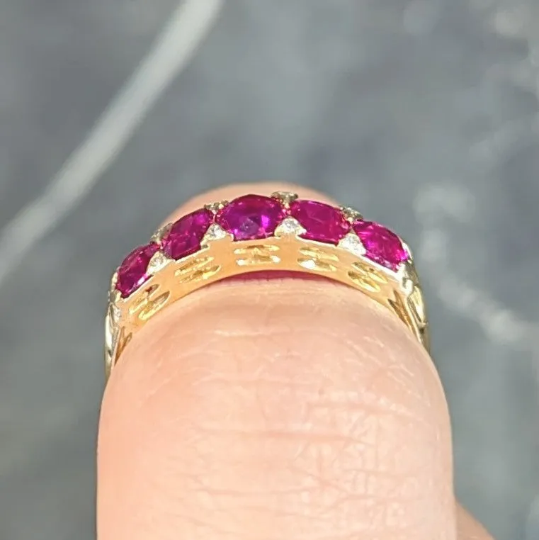 Art Nouveau 1.67 CTW Ruby Diamond 18 Karat Yellow Gold Foliate Five Stone Antique Band Ring