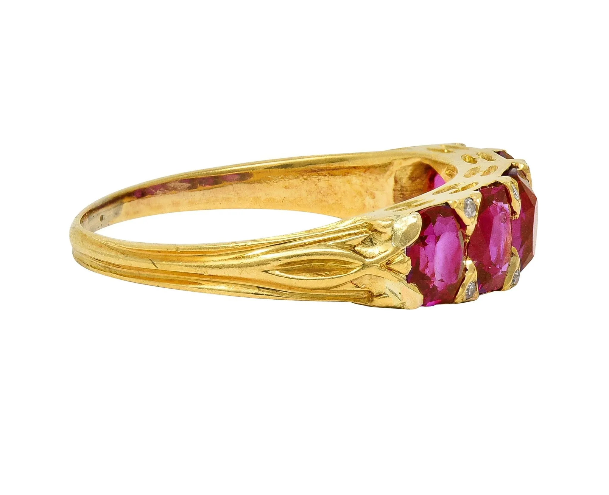 Art Nouveau 1.67 CTW Ruby Diamond 18 Karat Yellow Gold Foliate Five Stone Antique Band Ring