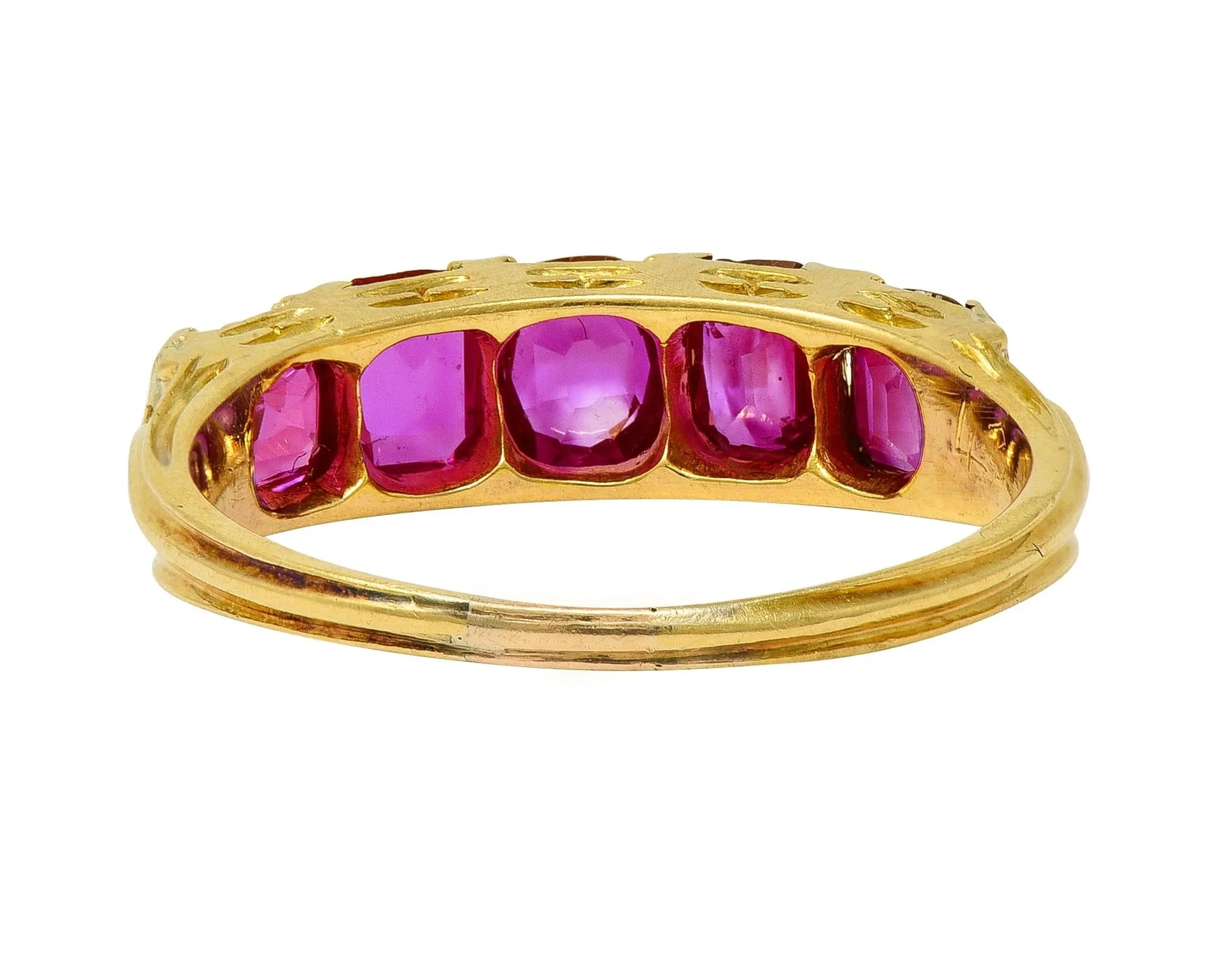 Art Nouveau 1.67 CTW Ruby Diamond 18 Karat Yellow Gold Foliate Five Stone Antique Band Ring