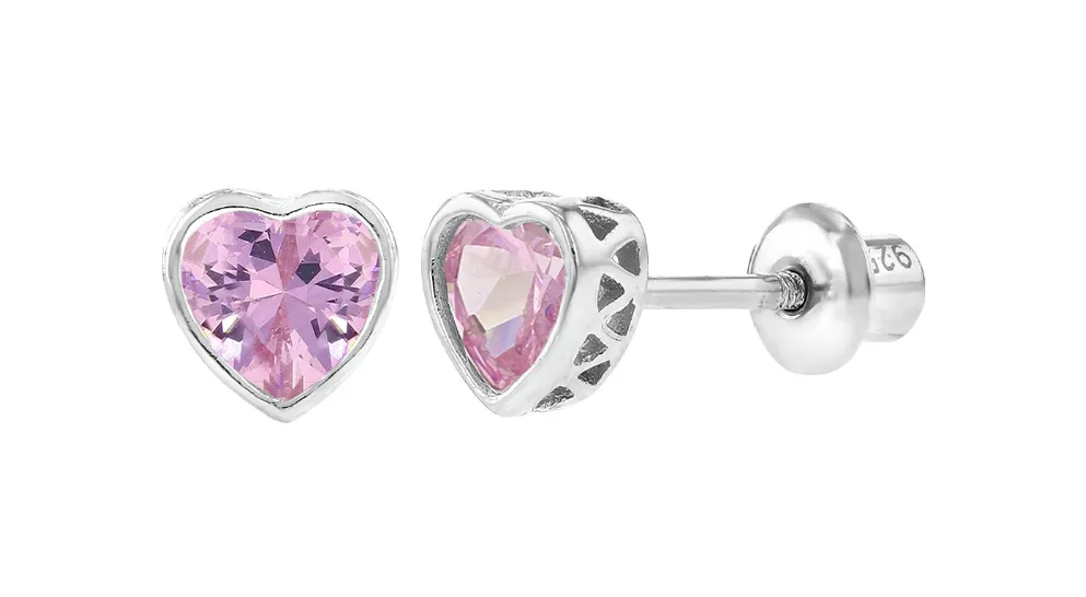 Baby Earrings:  Sterling Silver Bezel Set  Ruby CZ Hearts with Screw Backs