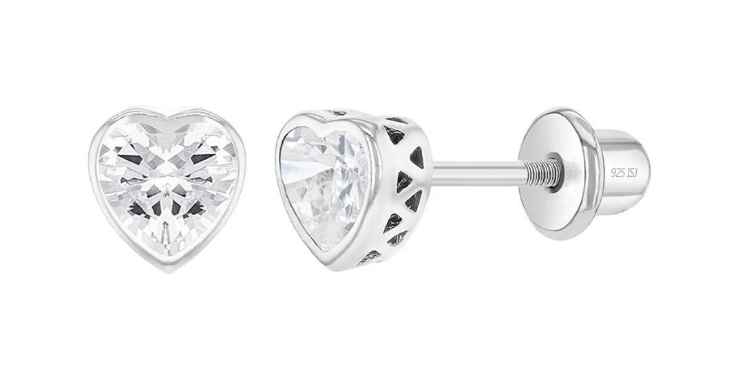 Baby Earrings:  Sterling Silver Bezel Set  Ruby CZ Hearts with Screw Backs