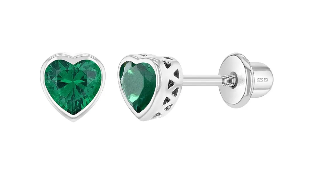 Baby Earrings:  Sterling Silver Bezel Set  Ruby CZ Hearts with Screw Backs