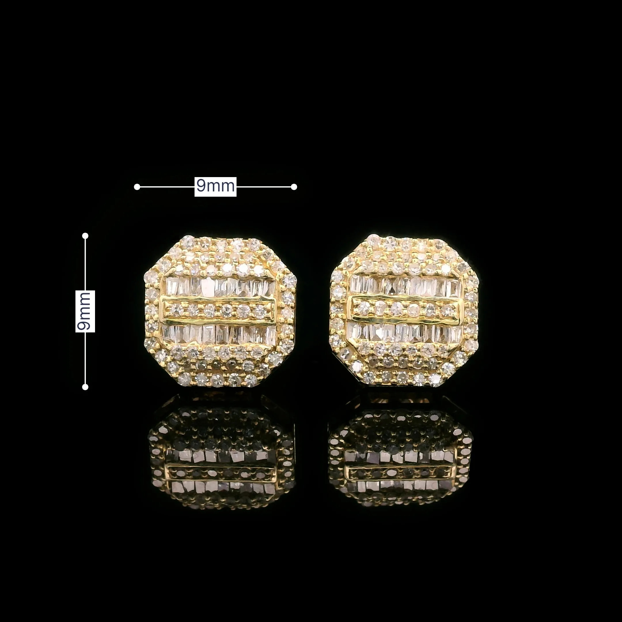 Baguette & Round Diamond Octagon Screw Back Earrings 10k Yellow Gold 0.55ctw