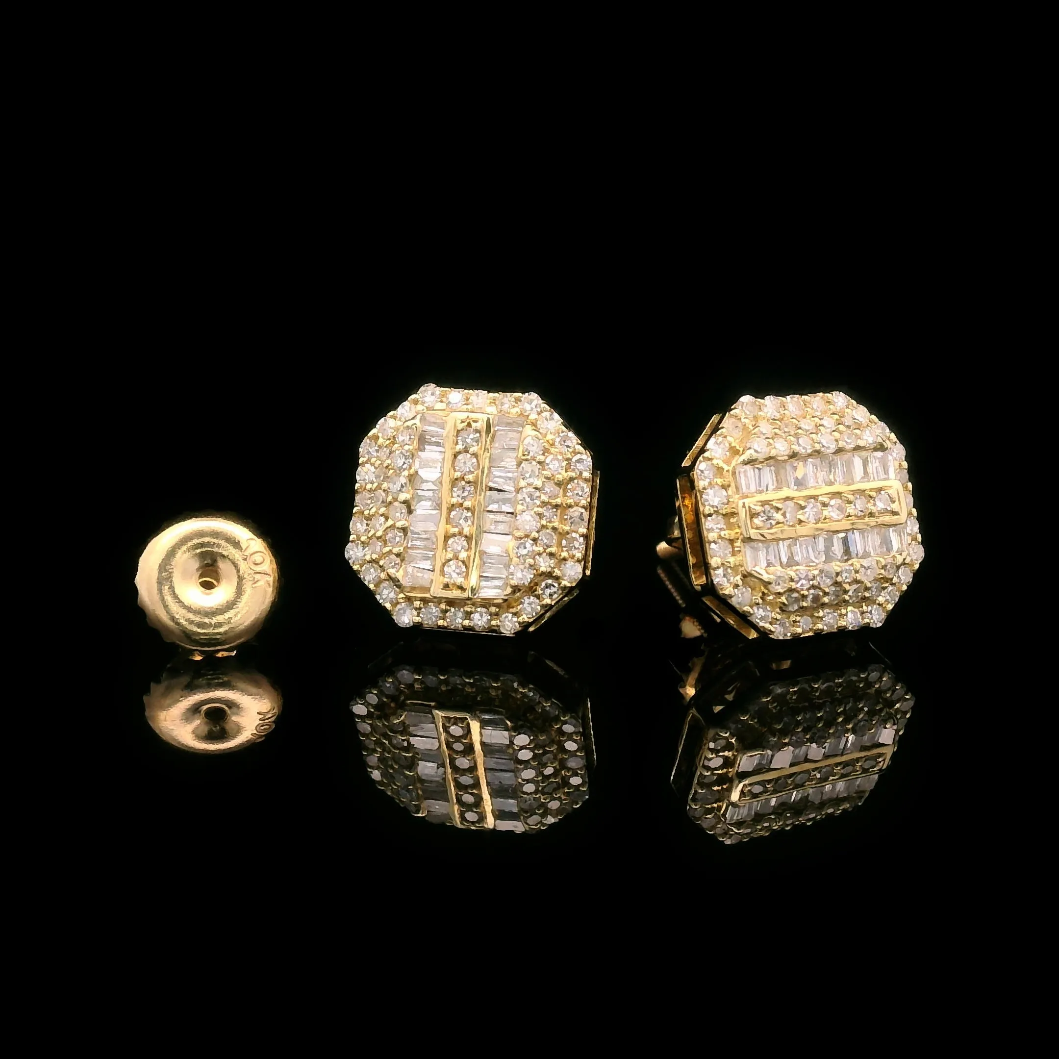 Baguette & Round Diamond Octagon Screw Back Earrings 10k Yellow Gold 0.55ctw