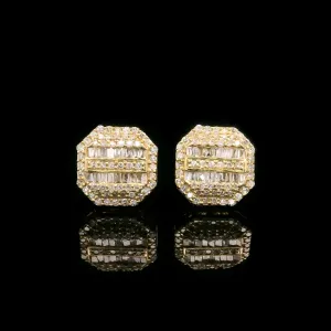 Baguette & Round Diamond Octagon Screw Back Earrings 10k Yellow Gold 0.55ctw