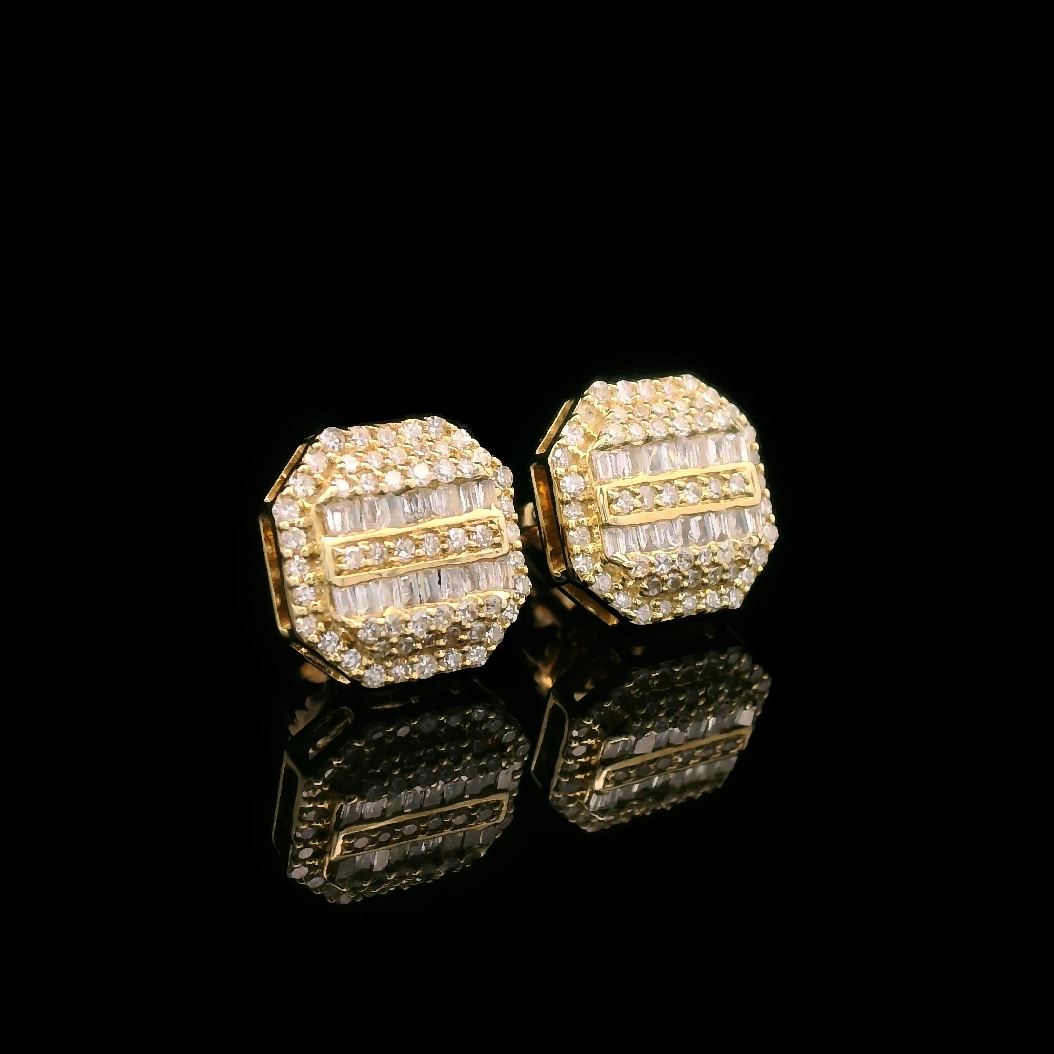 Baguette & Round Diamond Octagon Screw Back Earrings 10k Yellow Gold 0.55ctw