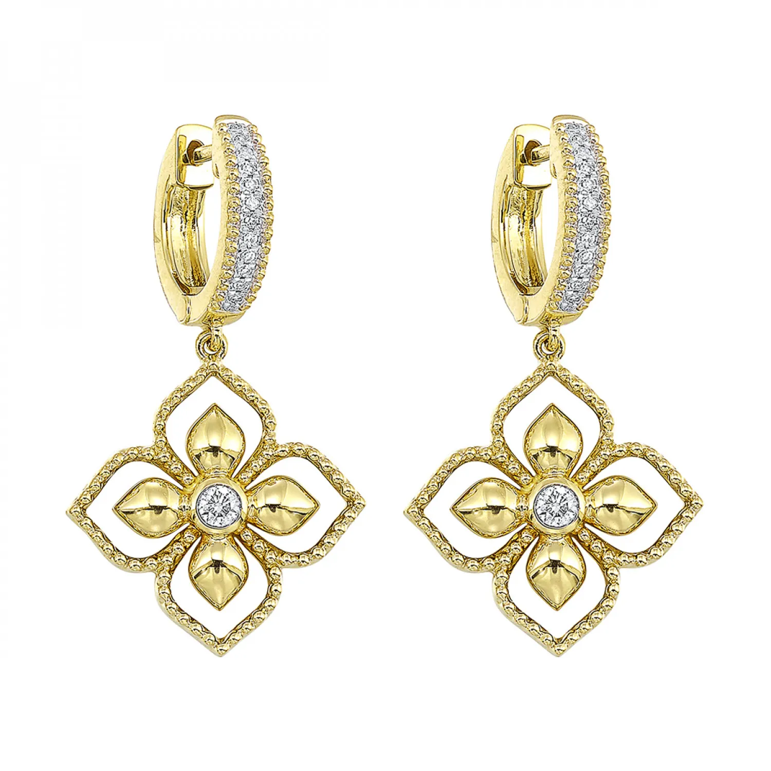 Beaded 14K Yellow Gold Diamond Drop Hoop Earrings