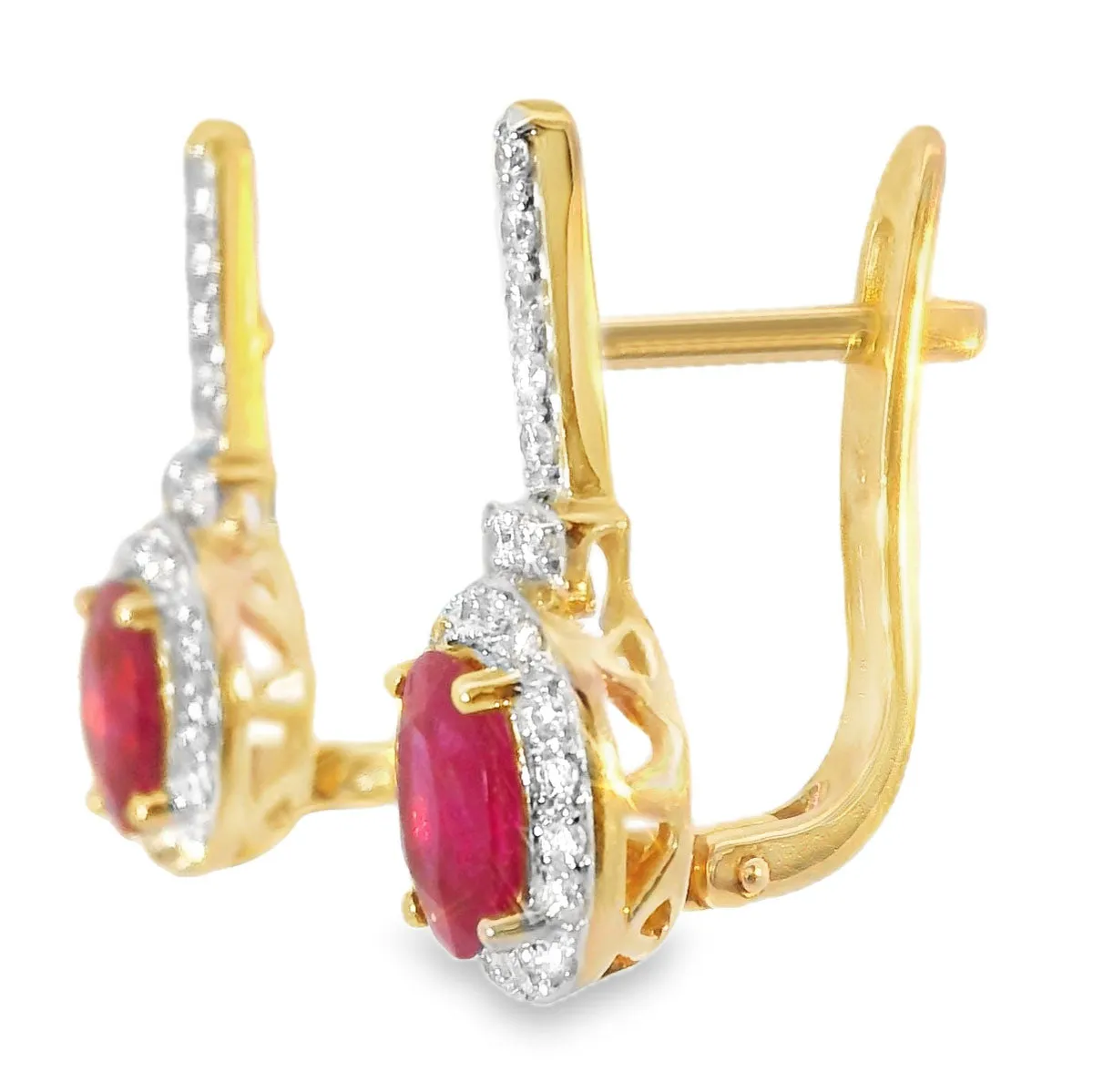 Beautiful 14K Pink Rose Gold Diamond Ruby Huggie Earrings