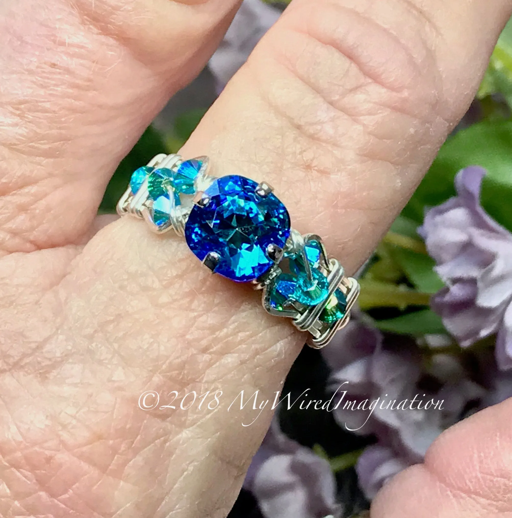 Bermuda Blue, Vintage Swarovski Crystal Handmade Ring, Sterling Silver, US Size 7.5