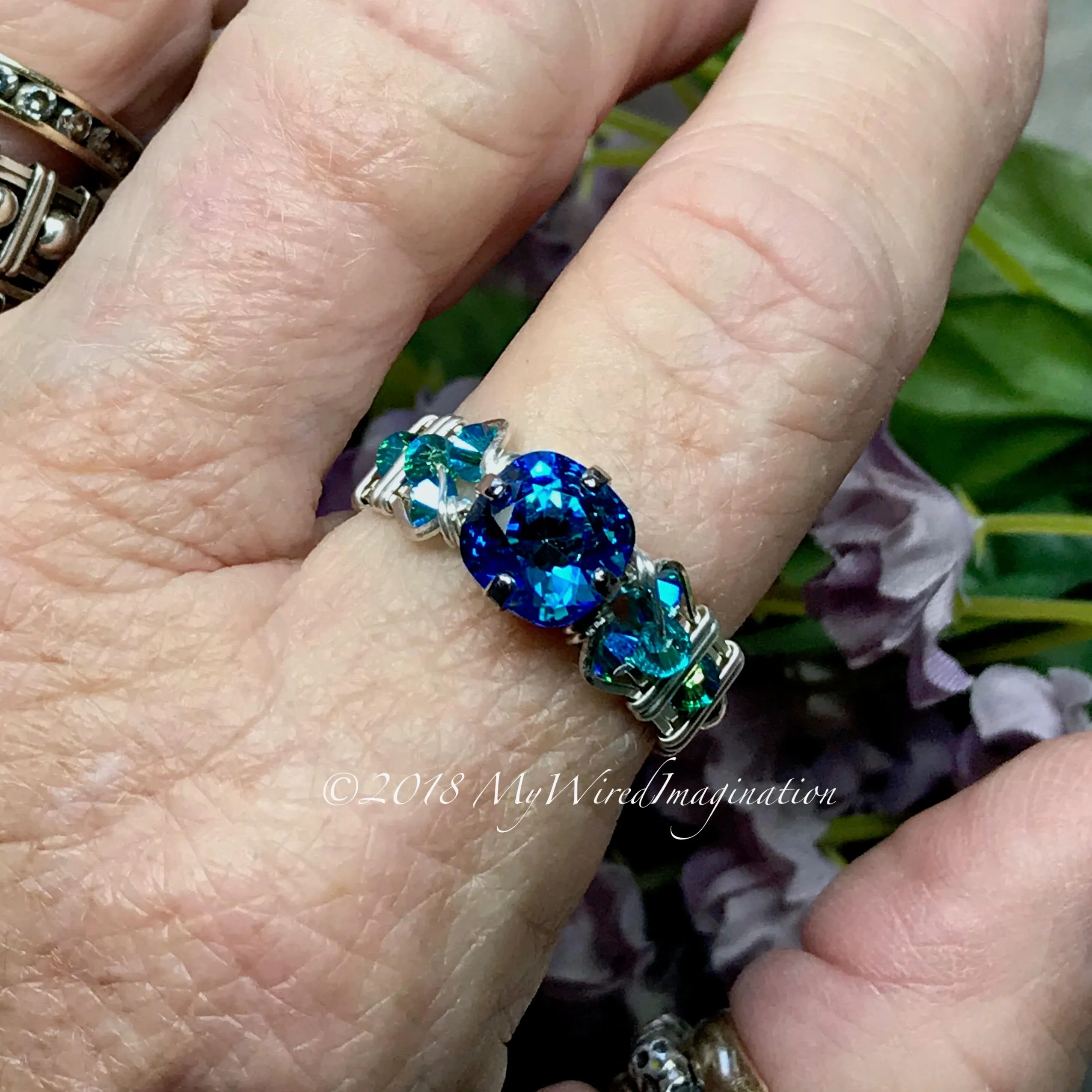 Bermuda Blue, Vintage Swarovski Crystal Handmade Ring, Sterling Silver, US Size 7.5