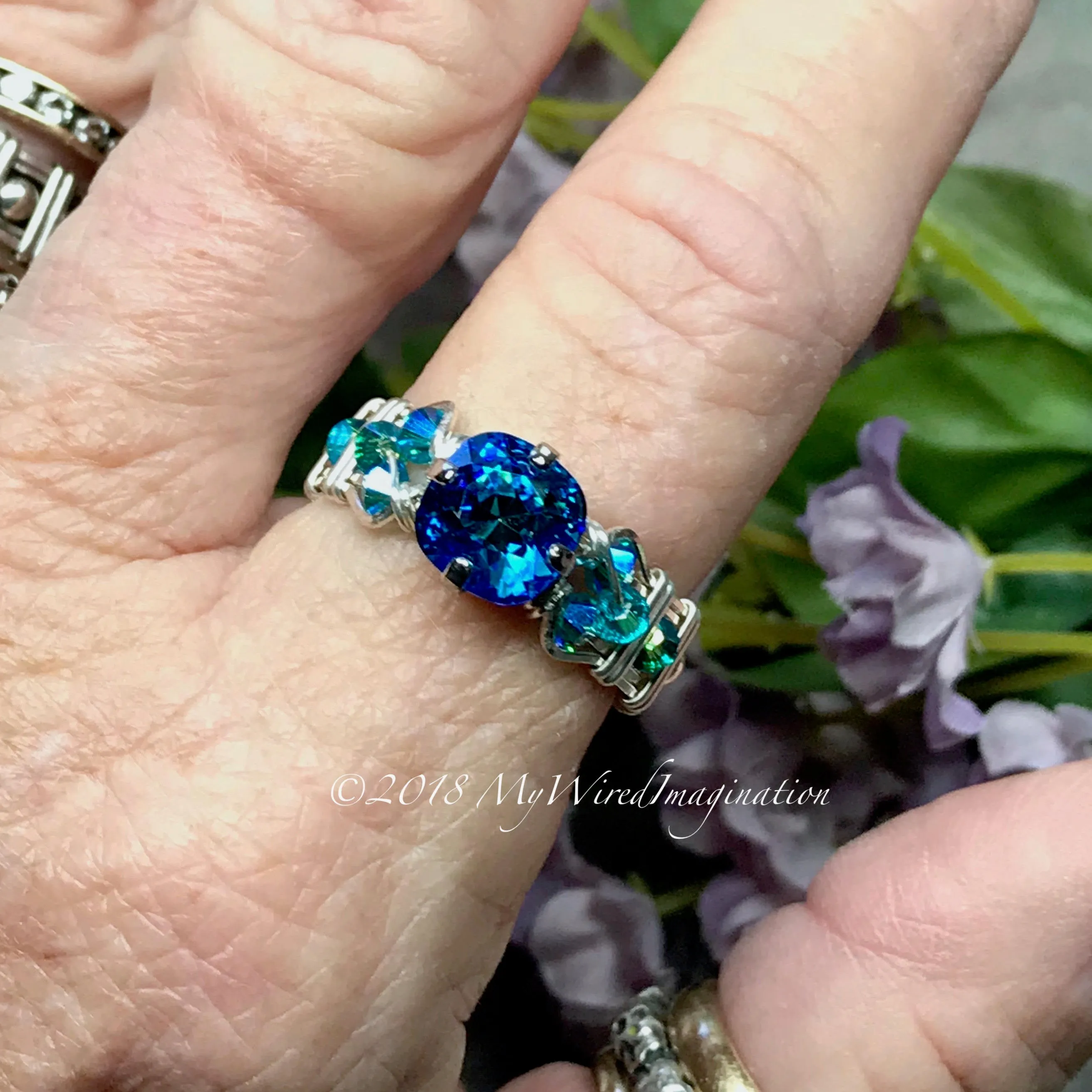 Bermuda Blue, Vintage Swarovski Crystal Handmade Ring, Sterling Silver, US Size 7.5