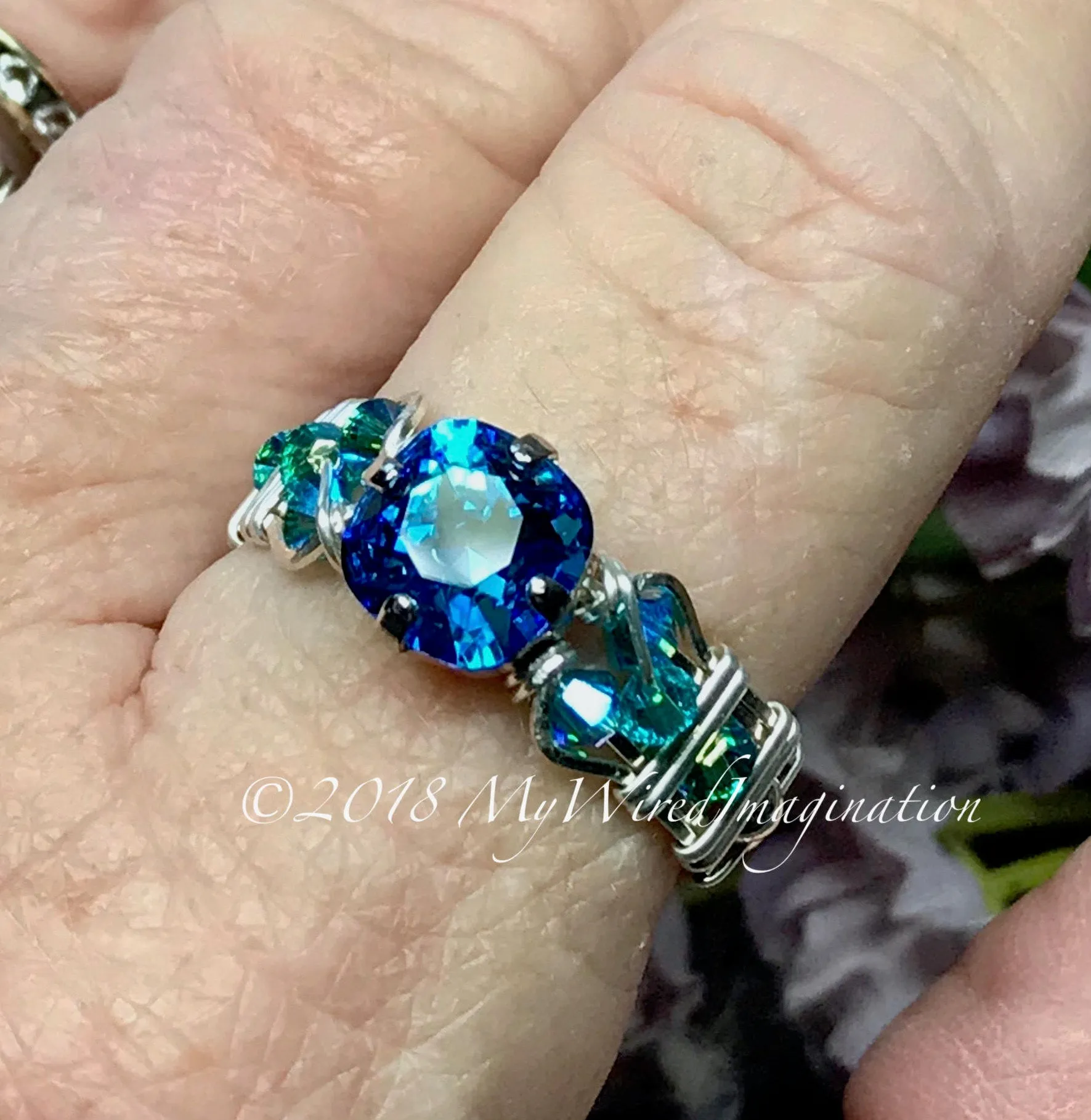 Bermuda Blue, Vintage Swarovski Crystal Handmade Ring, Sterling Silver, US Size 7.5