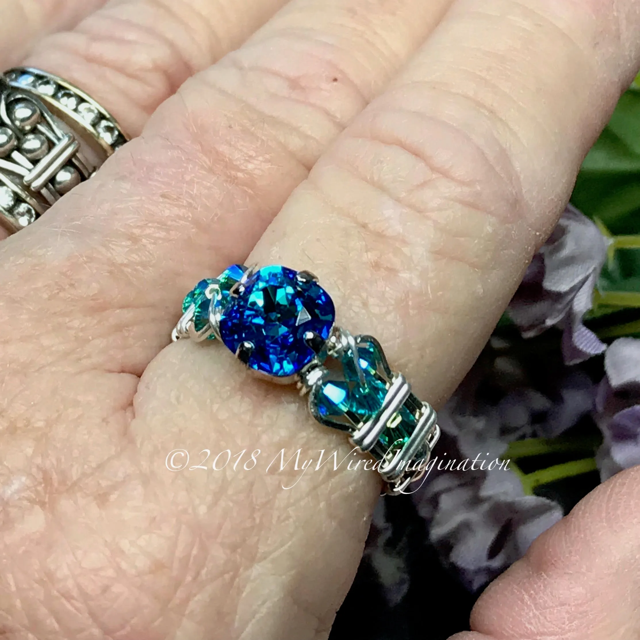 Bermuda Blue, Vintage Swarovski Crystal Handmade Ring, Sterling Silver, US Size 7.5