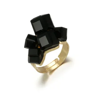 Black Crystal & 18K Gold-Plated Cube Cluster Adjustable Ring