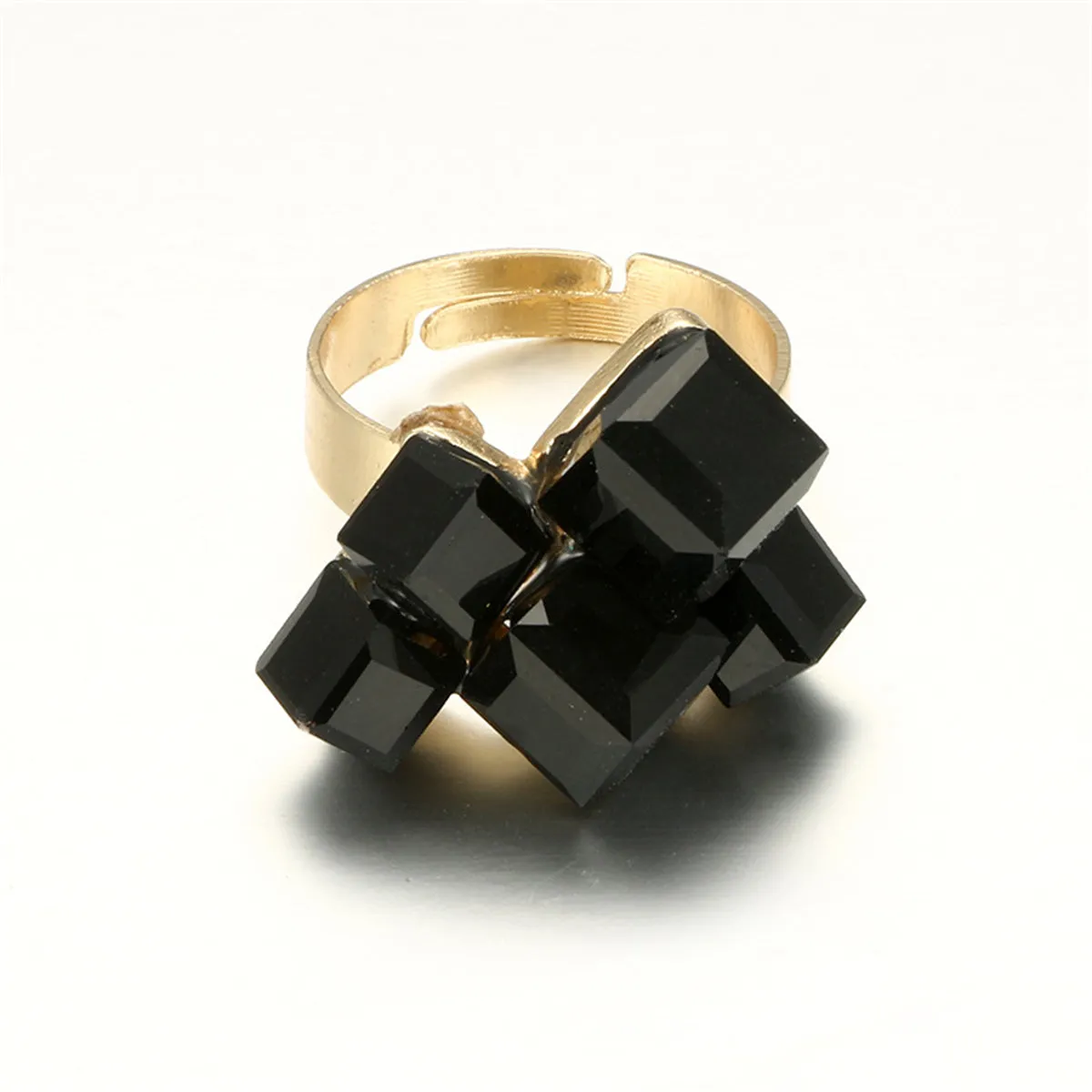 Black Crystal & 18K Gold-Plated Cube Cluster Adjustable Ring