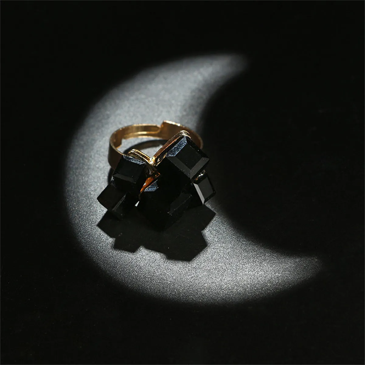 Black Crystal & 18K Gold-Plated Cube Cluster Adjustable Ring