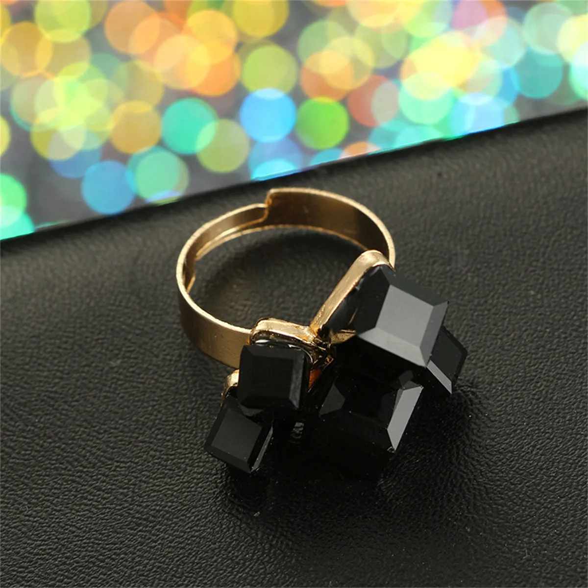 Black Crystal & 18K Gold-Plated Cube Cluster Adjustable Ring