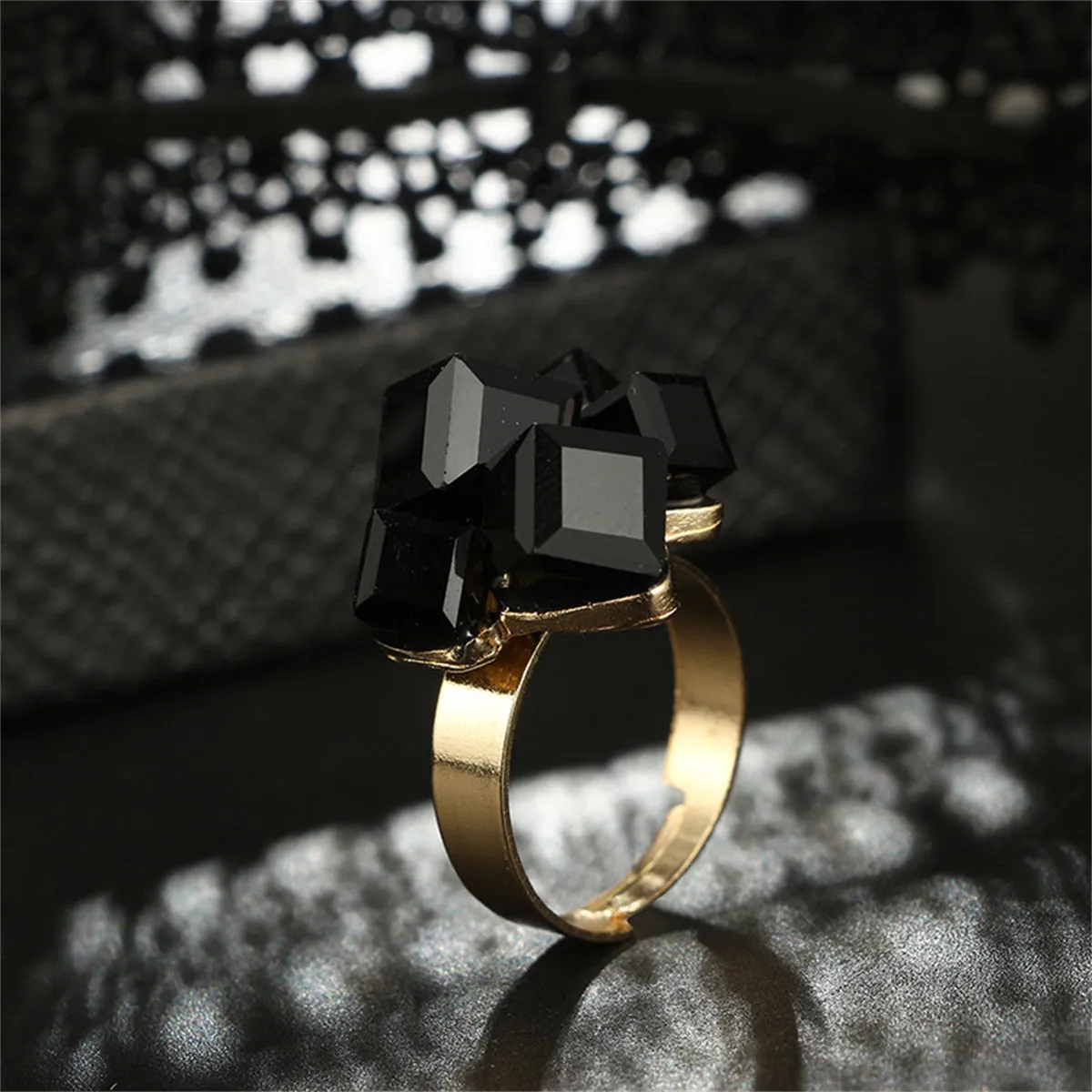Black Crystal & 18K Gold-Plated Cube Cluster Adjustable Ring